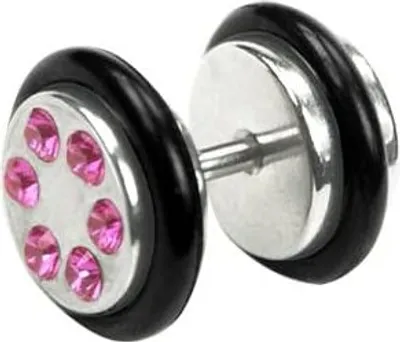 Produktbild von Ohrstecker Ear Fake Plug Stahl Silberfarbe Gummiring mit Kristallen Steine 8mm - Fuchsia