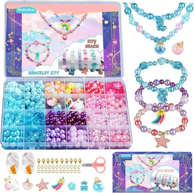 Image de Kits de perles pour enfants, pour créer des bijoux : bracelets, colliers et autres créations. Kit de loisirs créatifs pour filles, idéal pour fabriquer des bracelets et des colliers