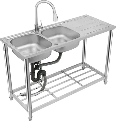 Obrázok produktu pre Kuchynský drez – voľne stojací drez s dvoma umývadlami – nerezová oceľ – 120 x 50 x 80 cm – s batériou – obdĺžnikový – nosnosť 150 kg – odkladacia plocha – strieborný