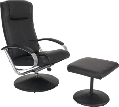 A black leather recliner chair and ottoman are shown against a white background.