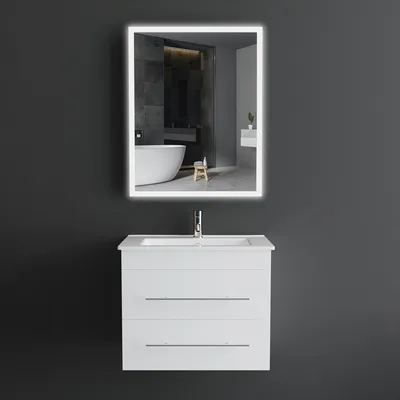 Produktbild von Alpenberger Waschbecken mit Unterschrank | Badezimmer Set 60 cm | Waschbecken mit Unterschrank und Spiegel | Badezimmerschrank mit Badspiegel | Badezimmerspiegel mit Touch-On-Off-Funktion | 2 Schubladen