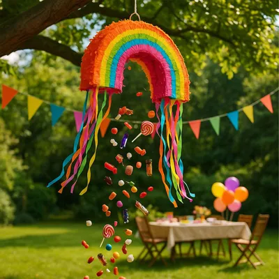 Produktbild von Regenbogen-Piñata-Set mit Fledermaus und Maske für Partys