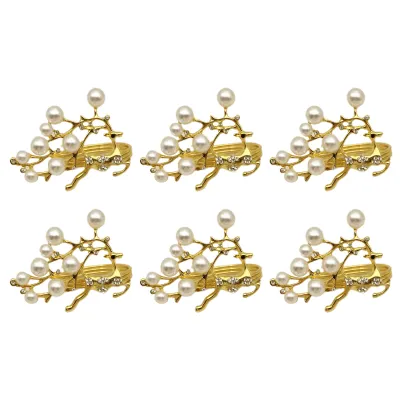 Produktbild von 6 Stück Serviettenhalter, exquisite wiederverwendbare Legierung, rostfrei, gefälschte Perlen-Serviettenringe für Hochzeit-Golden