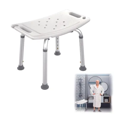 A shower stool is shown in the foreground, with a man in a bathrobe standing in a bathroom in the background.