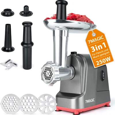 Produktbild von 7MAGIC Fleischwolf Elektrisch 250W mit Schneidklingen, 3 Edelstahl Loch-Scheiben (4, 6 +15mm) , Wurstfüller, Kubbe-Kit, Aufsatz für Plätzchen & Spritzgebäck, Vor- und Rücklauf, Edelstahl