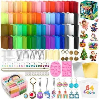 Produktbild von Polymer Clay Set 64 Farben mit Zubehör, Modelliermasse mit Formen & Werkzeugen, Ungiftig