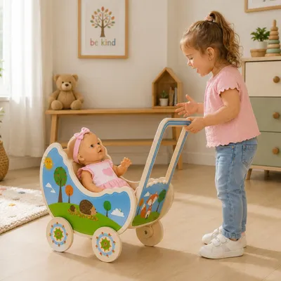 Productafbeelding van Houten poppenwagen voor poppen tot 35 cm, speelgoedbuggy, geschikt voor rollenspellen