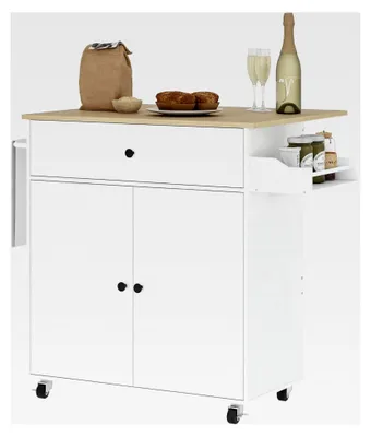 Produktbild von Kücheninsel Küchenwagen mit Rollen und klappbarer Arbeitsplatte, Schublade, Küchenschrank, Einlegeboden, Handtuchstange, Gewürzregal, Servierwagen in Weiß