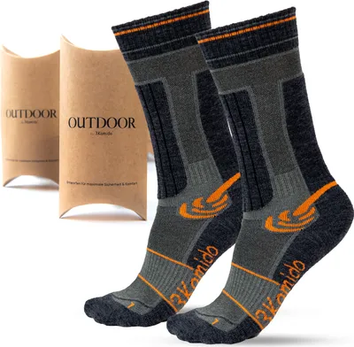 Produktbild von 3Kamido OUTDOOR Socken aus Wolle - Trekkingsocken Wandersocken Atmungsaktiv Thermo Schnelltrocknend gegen Hornhautbildung Für Bergexpeditionen Damen (Grau/Orange 39-42EU)