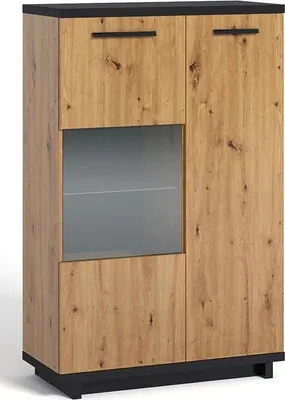 Produktbild von Vitrine Ines 90 cm in Holzoptik & Schwarz – 2 Türen Teilverglast, Highboard 140 cm Hoch, Wohnzimmerschrank Modern
