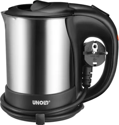 Der Unold Reiseblitzkocher 0,5 L aus Edelstahl hat schwarzen Griff, kleinen Ausgießer & Unold-Logo.