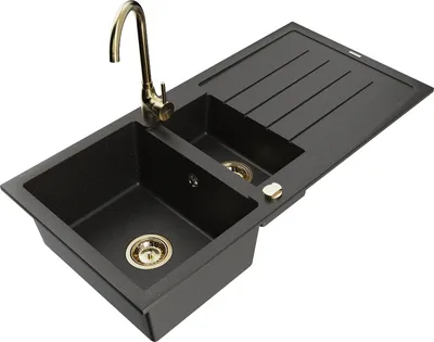Produktbild von Mexen Andres 1,5-Becken-Granitspüle mit Abtropffläche und Mischbatterie Telma, Schwarz/Gold - 6515-75-670200-50