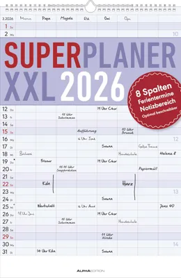 Image de Superplanning XXL 2026 8 colonnes - Timer 33x49,5 cm - papier offset - avec dates de vacances - planning mural - Alpha Edition