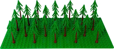 A collection of LEGO trees on a green baseplate.