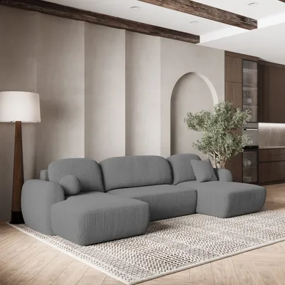 Zdjęcie produktu dla Masseno sofa narożna SAVONA P z funkcją spania w kształcie litery U, sofa z pojemnikiem na pościel, sofa do salonu, kanapa, sofa rozkładana, zestaw wypoczynkowy - szary, POSO 60