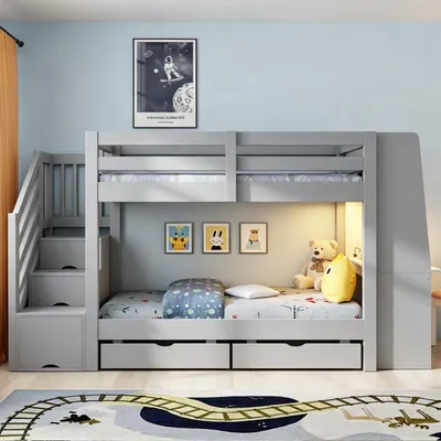 Produktbild von STILVORA Etagenbett 90x200 cm mit Schreibtisch, Kinderbett mit LED-Lichtleiste, Stockbett mit Steckdose und Schubladen, Holzbett mit Leiter