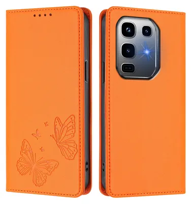 Obrázek produktu pro Kožené pouzdro pro Infinix Note 50 Pro+ 5G, motýlí ražbou, peněženkové flip pouzdro se stojánkem Oranžová