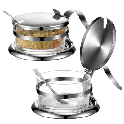 Produktbild von Salzbehälter Edelstahl mit Löffel 2er Set, Gewürzbehälter mit Deckel für Küche, Glas Salzdose Tisch Gewürz Aufbewahrung