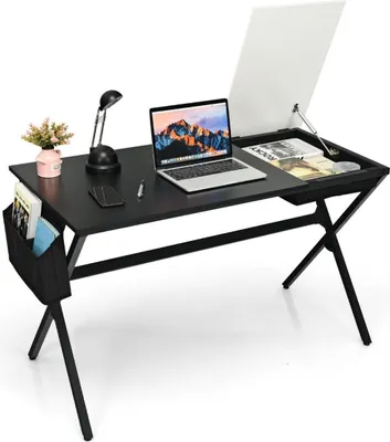 Produktbild von 120 cm langer Schreibtisch mit Würfelschublade & Seitentasche Computertisch Schwarz+ Weiß