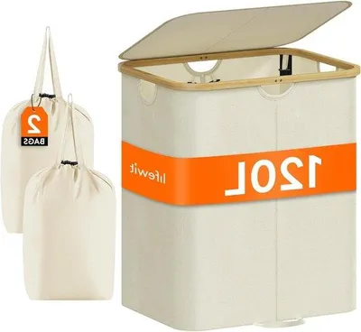 Immagine prodotto di Grande cesto portabiancheria pieghevole da 120 litri con coperchio e manico in bambù, colore beige