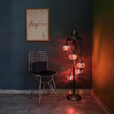 Immagine prodotto di Lampada da terra turca realizzata a mano con 5 sfere di vetro - Lampada da terra orientale con design a mosaico - Rosso