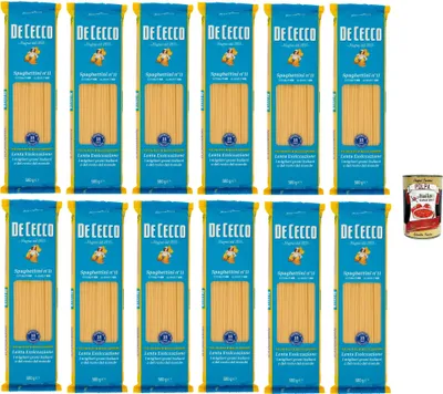 Produktbild von De Cecco Spaghettini Nr. 11, Hartweizenpasta 6 x 500 g - langsam trocknend 18 h, feste Textur - 9 min backen (al dente 7 min) - Italy + Italian Gourmet Polpa 400g