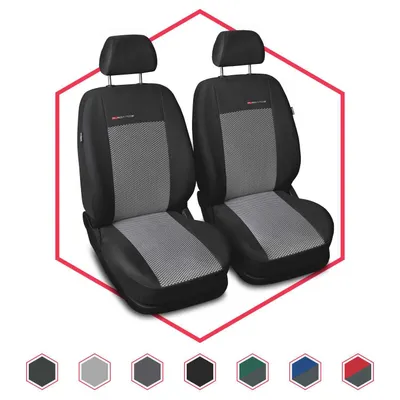 Two car seat covers on a white background, with a hexagon overlay and color swatches below.