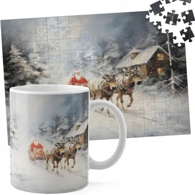 Zdjęcie produktu dla Zestaw Kubek + Puzzle 110El - Świąteczne Wzory Mikołaj Renifer Prezent