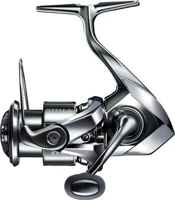 A studio shot of a fishing reel against a white background.