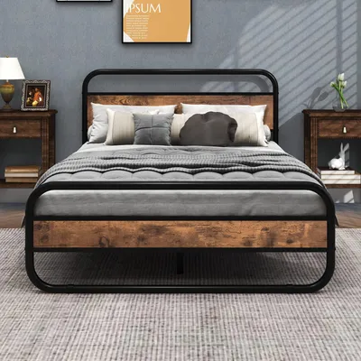 Doppelbett Metall-Plattform-Bettgestell mit Holz-Kopfteil, 135x196 cm