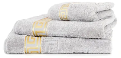 Produktbild von 3tlg. Luxus Medusa Saunatuch Badetuch Handtuch Set - Silber / Hell Grau - Frottee - Goldene Bordüre