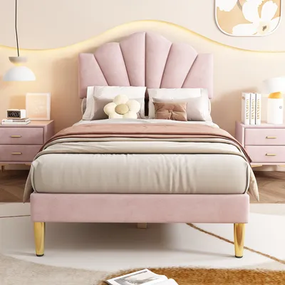Produktbild von Flieks Polsterbett 90x200cm mit Lattenrost, Jugendbett Kinderbett mit Muschelförmigem Kopfteil, Einzelbett Massivholzbett Klassisches Bett, Samt, Rosa