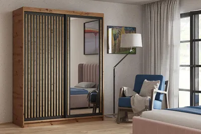 Produktbild von Kleiderschrank DORIAN Schwarz mit Spiegel und Lamellen Eiche Artisan, Schwebetürenschrank 160, Schlafzimmerschrank mit Kleiderstange und Regalfächern