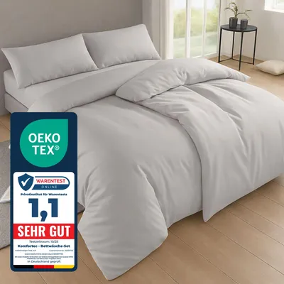 Produktbild von Komfortec Bettwäsche 155x220 4teilig Bettwäsche-Sets 2 Bettbezüge 155x220 cm + 2 Kissenbezüge 40x80 cm, Grau mit Reißverschluss