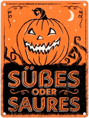 Produktbild von Metallschild in 15x20 cm mit Halloween Kürbis Motiv im used Look - Süßes oder