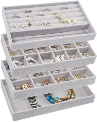 Immagine prodotto di Set di 4 organizer impilabili per gioielli Unyqoos®, rivestiti in morbida velluto: vassoi con 18 e 12 scomparti, inserti regolabili per collane, braccialetti e anelli