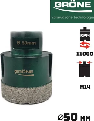 Zdjęcie produktu dla Wiertło diamentowe Gröne 50 mm / M14, otwornica diamentowa, wiertło diamentowe, wiertło rdzeniowe, wiertło rdzeniowe, wiertło rdzeniowe, wiertło otworowe