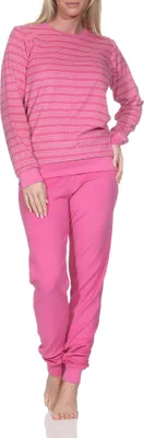 Produktbild von Normann Damen Frottee Schlafanzug mit Bündchen Pyjama in Streifenoptik – auch in Übergröße ; rosa , 44