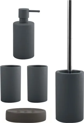 Produktbild von spirella Badezimmer Set, 5-teiliges Badzubehör aus Keramik Tube, Seifenspender, WC Bürste, Seifenschale und 2x Zahnputzbecher Grau matt