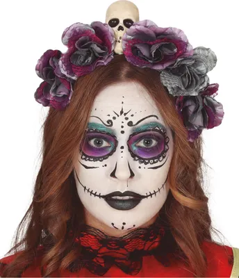 Produktbild von Tag der Toten Blumen Diadem mit Schädel als Kostümaccessoire