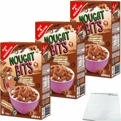 Produktbild von Gut & Günstig Nougat Bits Getreidekissen mit cremiger Nougatfüllung 3er Pack (3x750g Packung) + usy Block