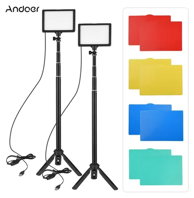 Zdjęcie produktu dla Andoer 2-częściowy zestaw oświetlenia wideo LED USB Oświetlenie fotograficzne 3200K-5500K 120-częściowe koraliki z 14-stopniowym ściemnianiem i statywem o regulowanej wysokości 148 cm / 58 cali 5-częściowe filtry biały / czerwony / żółty / zielony / niebieski Potrójne mocowanie zimnej stopki do strumieniowania wideo na żywo