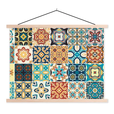 Produktbild von MuchoWow® Textilposter Blumen - Vintage - Muster - Blau - Orange 60x45 cm mit holzfarbenen Rahmen - Bild