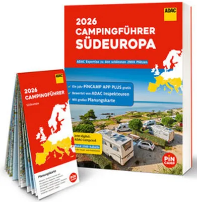 A book and a folded map are displayed, both related to camping in Southern Europe for the year 2026.