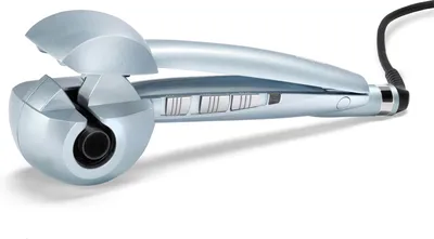 A silver automatic curling iron is shown against a white background.