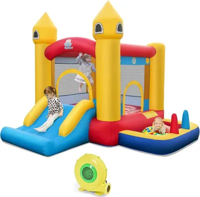 Produktbild von Hüpfburg für Kinder - Aufblasbare Spielburg - Mit Gebläse - Rutsche - Wurfspiel - Bällebad-Bälle - Maße 306x288x239 cm - Bunt