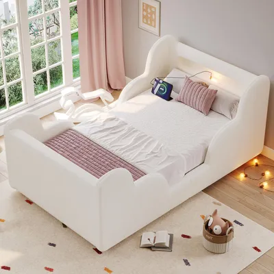 Image de Lit d'enfant rembourré Merax 90 x 200 cm avec barrières de sécurité, veilleuse, lit simple avec ports USB et Type-C, compartiments de rangement, lit en velours, lit Montessori, blanc