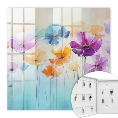 Produktbild von Metall Schlüsselkasten 30 x 30 cm - weißer Schlüsselschrank zur Wandmontage - wandhängende Schlüsselbox mit Tür - nach links öffnend - Schlüsselaufbewahrung für Flur - Büro - Arbeitszimmer - Werkstatt - Garage - Bunte Blumen