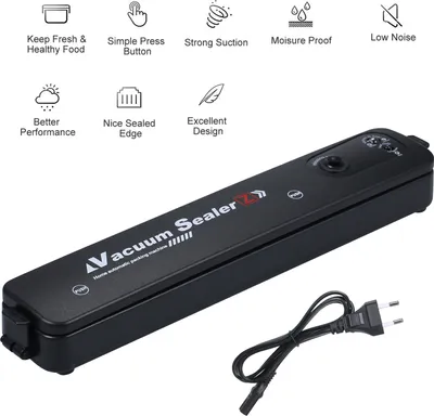 A black vacuum sealer machine with a power cord, set against a white background, with feature icons and text above it.