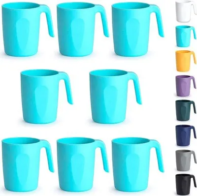 Obrázek produktu pro Modré plastové kelímky, sada 8 kusů, 450 ml, plastové kelímky s uchy, opakovaně použitelné, kelímky na vodu, snadno přenosné, ideální pro domácnost, zahradu, piknik, kempování.